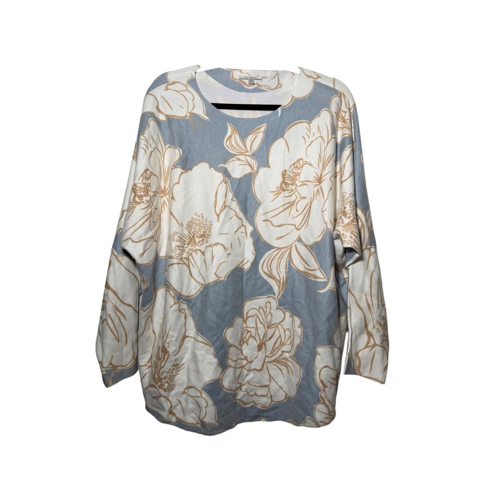 Vila Milano Women 1X Blue Cream Floral Dolman Sleeve Oversized Knit Sweater